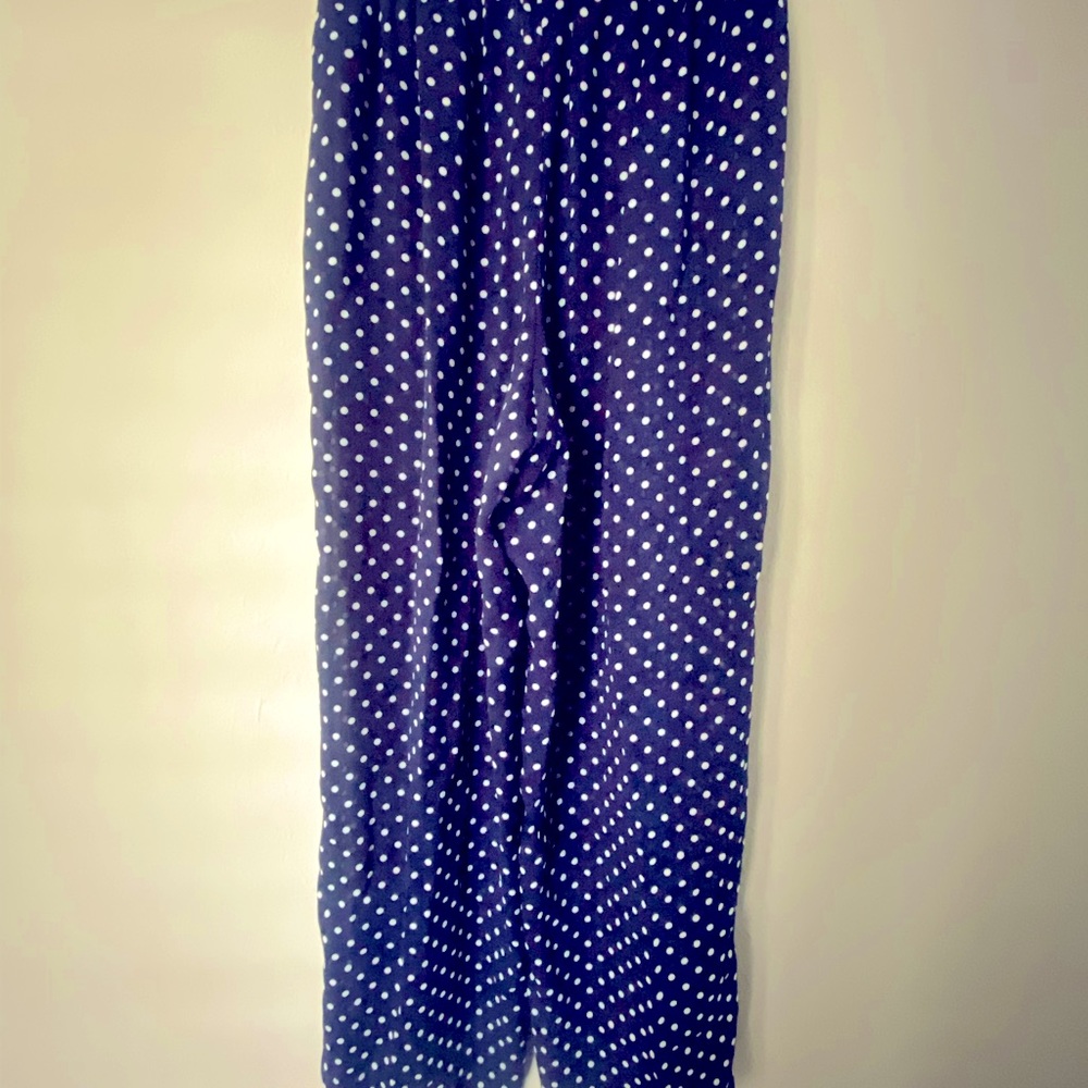 Navy and white polka dot polyester elastic high waisted pants